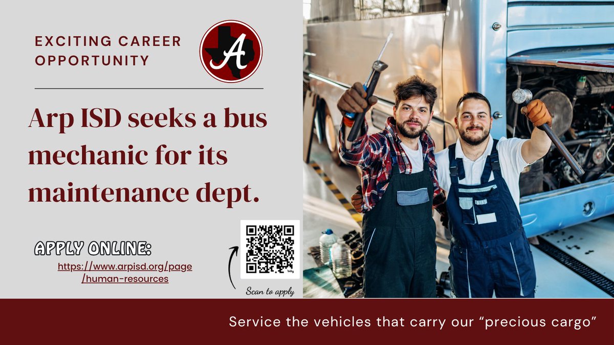 Will you help us maintain the vehicles🚍 that carry our "precious cargo"?
Apply at bit.ly/4ntlVyB to be Arp ISD's bus mechanic or scan the QR code.
Come join a growing, family oriented school district full of very caring individuals + excellent benefits.