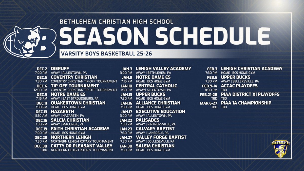 Bethlehem Christian School Boys Basketball (@bcspanthersmbb) on Twitter photo Bethlehem Christian School Varsity Boys' Basketball 25–26 Season Schedule now live! 📅
District XI 1A Champions ‘25 🏆 The standard has been set. The mission continues.
2025–2026 season… we’re coming.
#Uncommon #IronSharpensIron #Brotherhood #PIAADistrictXI <a href="/DeionSwift_/">Deion Swift</a> Bethlehem Christian School Varsity Boys' Basketball 25–26 Season Schedule now live! 📅
District XI 1A Champions ‘25 🏆 The standard has been set. The mission continues.
2025–2026 season… we’re coming.
#Uncommon #IronSharpensIron #Brotherhood #PIAADistrictXI <a href="/DeionSwift_/">Deion Swift</a>