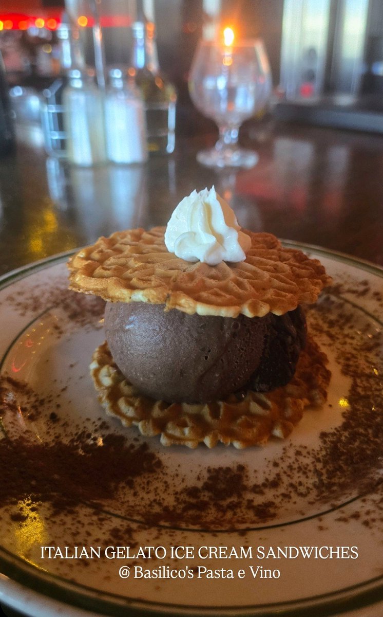 ITALIAN ICE CREAM SANDWICHES with GELATO!
@ BASILICO'S PASTA E VINO 
Made with authentic Italian Gelato and Sorbetto, hand-made in small batches, using the finest ingredients sourced directly from Italy · 
Also with Pizzelles, traditional Italian waffle cookies and topped with