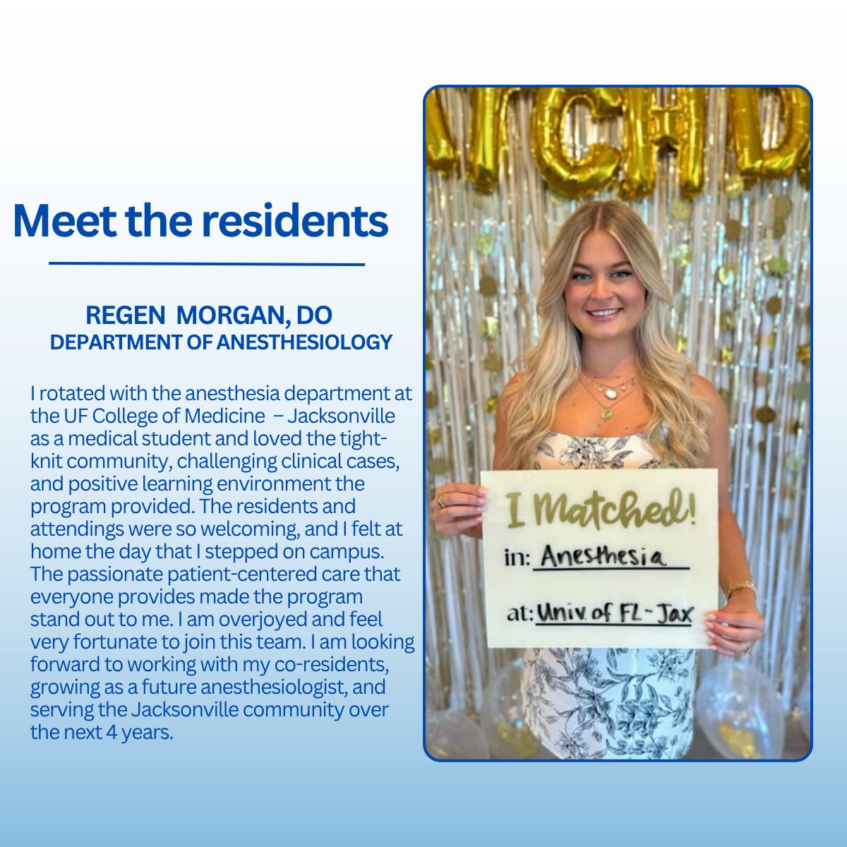 UFMedicineJax's tweet image. Meet Regen Morgan, DO, an incoming resident in the department of anesthesiology. We are excited to have you!