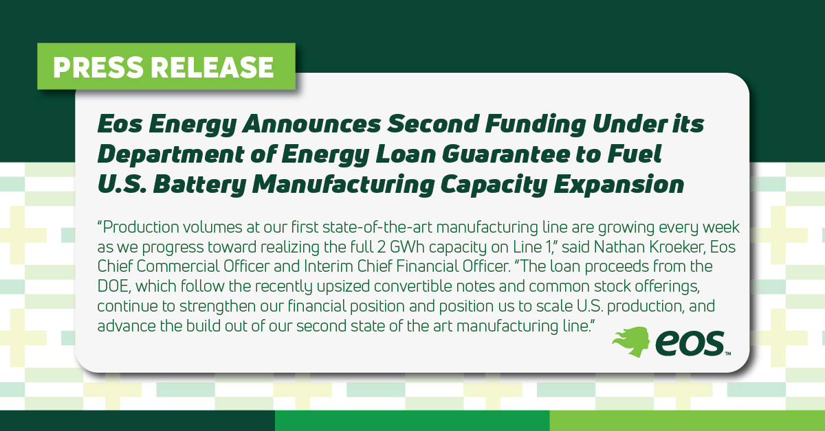 PoweredByEos's tweet photo. Big news! 📢 Eos has received its 2nd loan advance of $22.7 million from @ENERGY LPO! The funds continue to support our Project AMAZE and help build the infrastructure needed to meet growing demand for long-duration energy storage. Read more here: https://t.co/5S0jZblgD4 https://t.co/UoHAjV7ljj