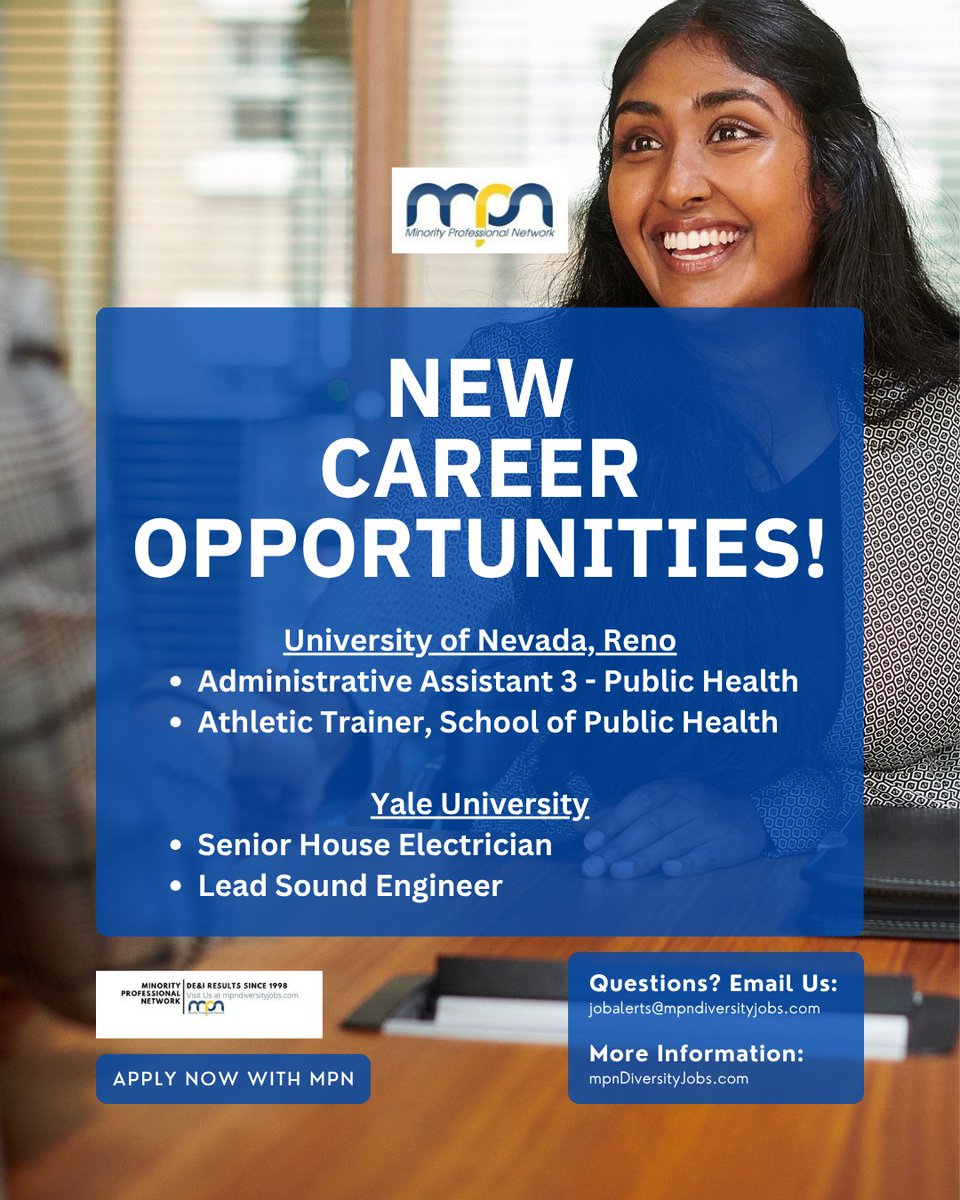 Apply Now to NEW Career Opportunities!

Administrative Assistant 3 - Public Health mpndiversityjobs.com/job/65846/admi… 

Athletic Trainer, School of Public Health mpndiversityjobs.com/job/65829/athl… 

Senior House Electrician mpndiversityjobs.com/job/65811/seni… 

Lead Sound Engineer mpndiversityjobs.com/job/65810/lead…