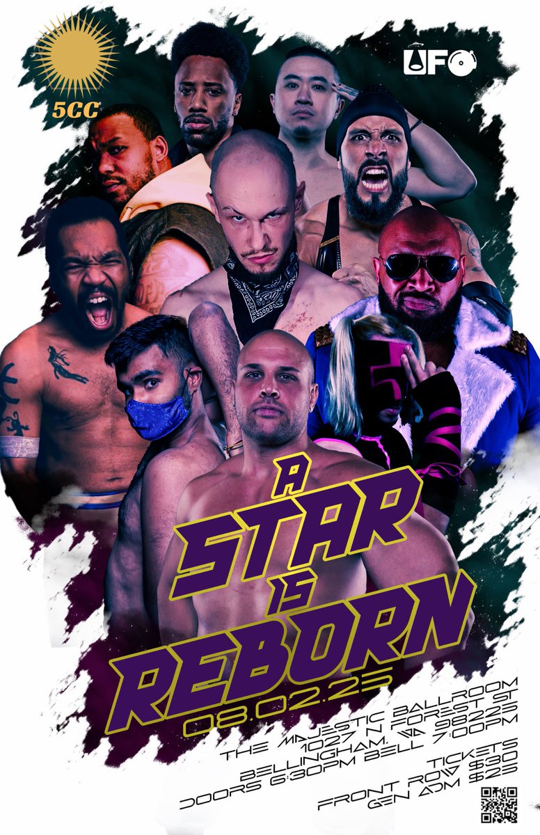 5CC Wrestling is back in Bellingham on August 2nd! Catch us at The Majestic Ballroom for the long awaited return of the 5-sided ring. FEATURING a hardcore match presented by UFO! Tickets in bio! 

Poster design: <a href="/HLGN_NathanFoxx/">Nathan Foxx 💖💜💙</a>