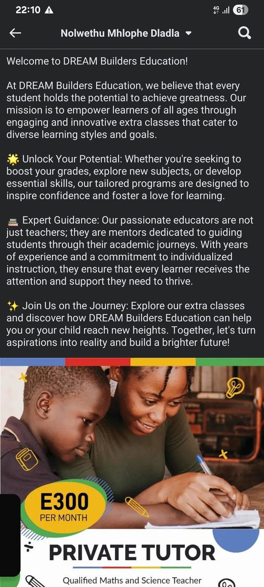 So I've created a page on Facebook named Dream Builders Education, with an aim of marketing my extra class lessons😊📚
Please kindly follow my page 🤲🤲