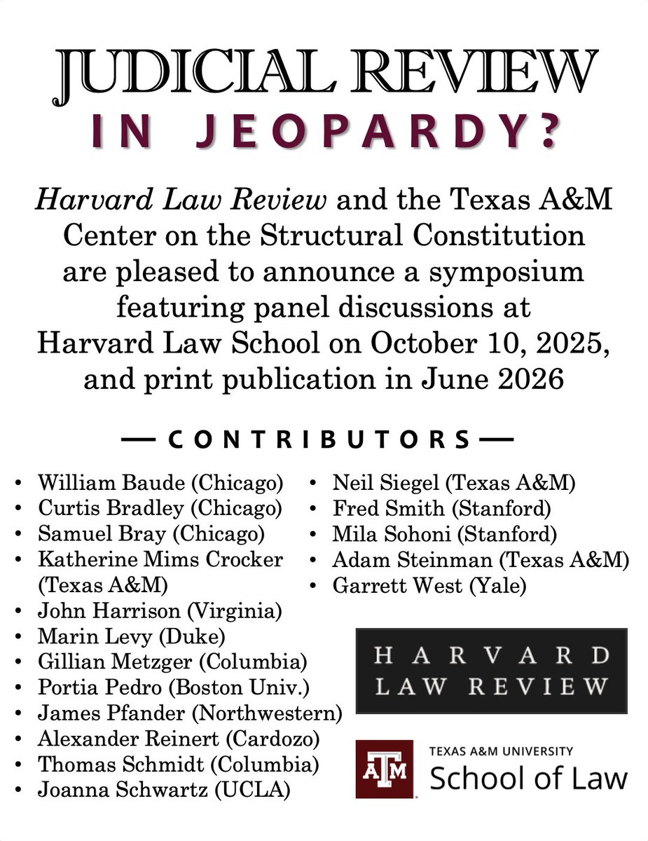 Harvard Law Review (@harvlrev) on Twitter photo On Oct. 10, HLR will host a Symposium on Judicial Review in Jeopardy? We are delighted to have such distinguished participants and to publish a diverse slate of Symposium Essays next June. Special thanks to co-organizers Texas A&M and Professors Katherine Crocker and Neil Siegel. On Oct. 10, HLR will host a Symposium on Judicial Review in Jeopardy? We are delighted to have such distinguished participants and to publish a diverse slate of Symposium Essays next June. Special thanks to co-organizers Texas A&M and Professors Katherine Crocker and Neil Siegel.