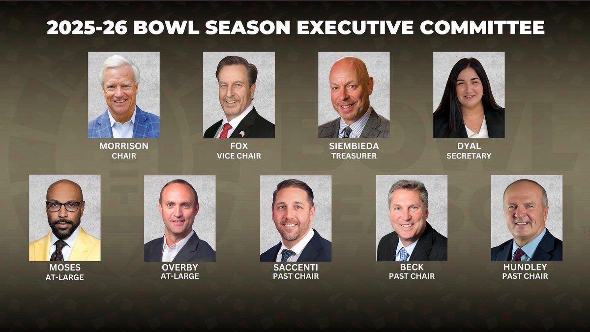 📣 Announcing the 2025-26 Bowl Season Executive Committee!

We're proud to introduce the leaders guiding the future of Bowl Season — representing tradition, innovation, and the very best of college football. 🏈

👏 Join us in congratulating this year’s Executive Committee