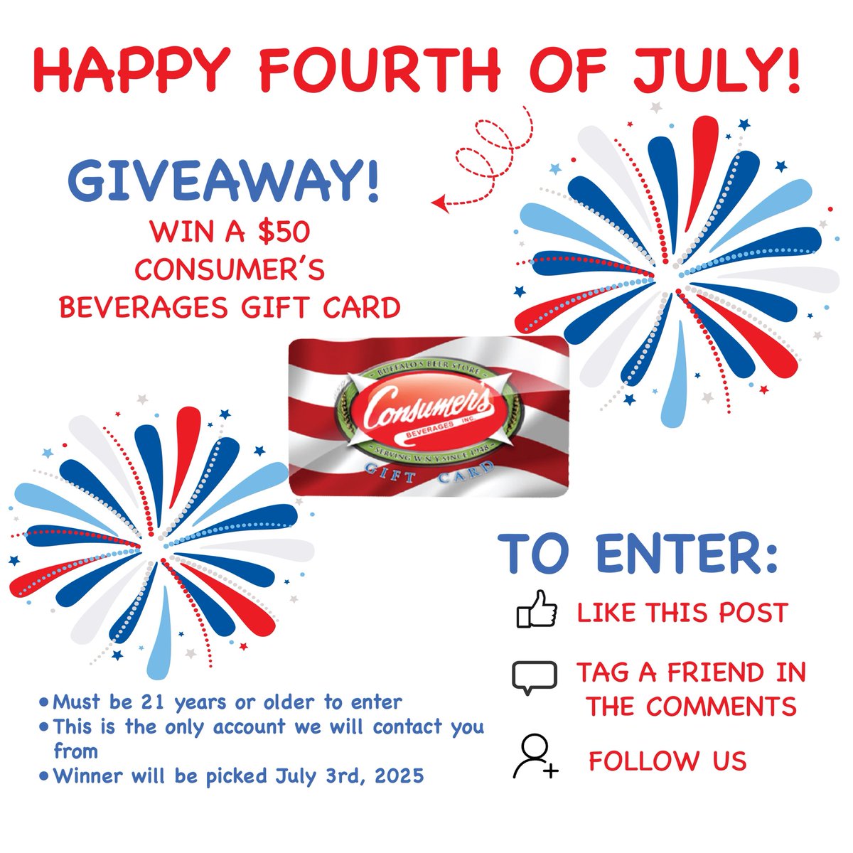 ConsumersBeer's tweet image. *POP UP GIVEAWAY*
The Fourth of July is almost here and to help you get ready, we’re giving away a $50 Consumer’s Beverages Gift Card!
Here’s how to enter:
❤️ - Like this post
💬 - Tag a friend in the comments (only one entry per person)
👤 - Follow us
The winner will be decided…