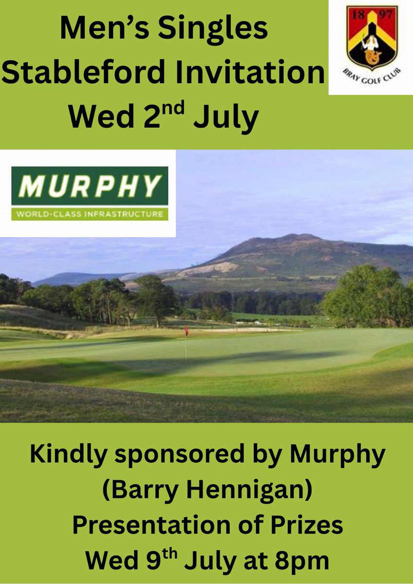 Wednesday’s Mens competition will be Singles Stableford Invitation kindly sponsored by MURPHY (Barry Hennigan).
Barry will present the prizes to the winners on Wednesday 9th July at 8pm.