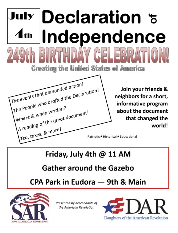 We are hosting the WWI Exhibit "Life in the Trenches" through July 5th. See it while you can! We are grateful to host this exhibit in partnership with the Eudora CVB! Check out the attached fliers for info regarding two other events/activities.