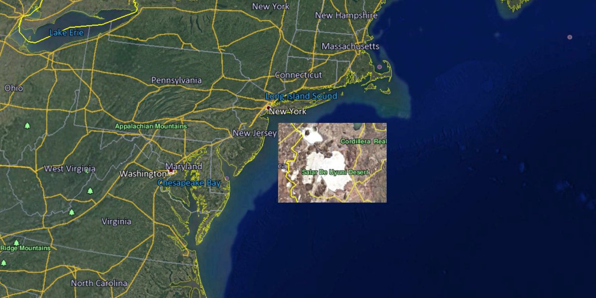 Just to give you an idea of the size of immediately available lithium resources globally, here is a google earth image of just one - the Salar de Uyuni in Bolivia (white in pic inset) against New York, Pennsylvania &amp; Washington D.C. for scale.
Its why I generally can't get