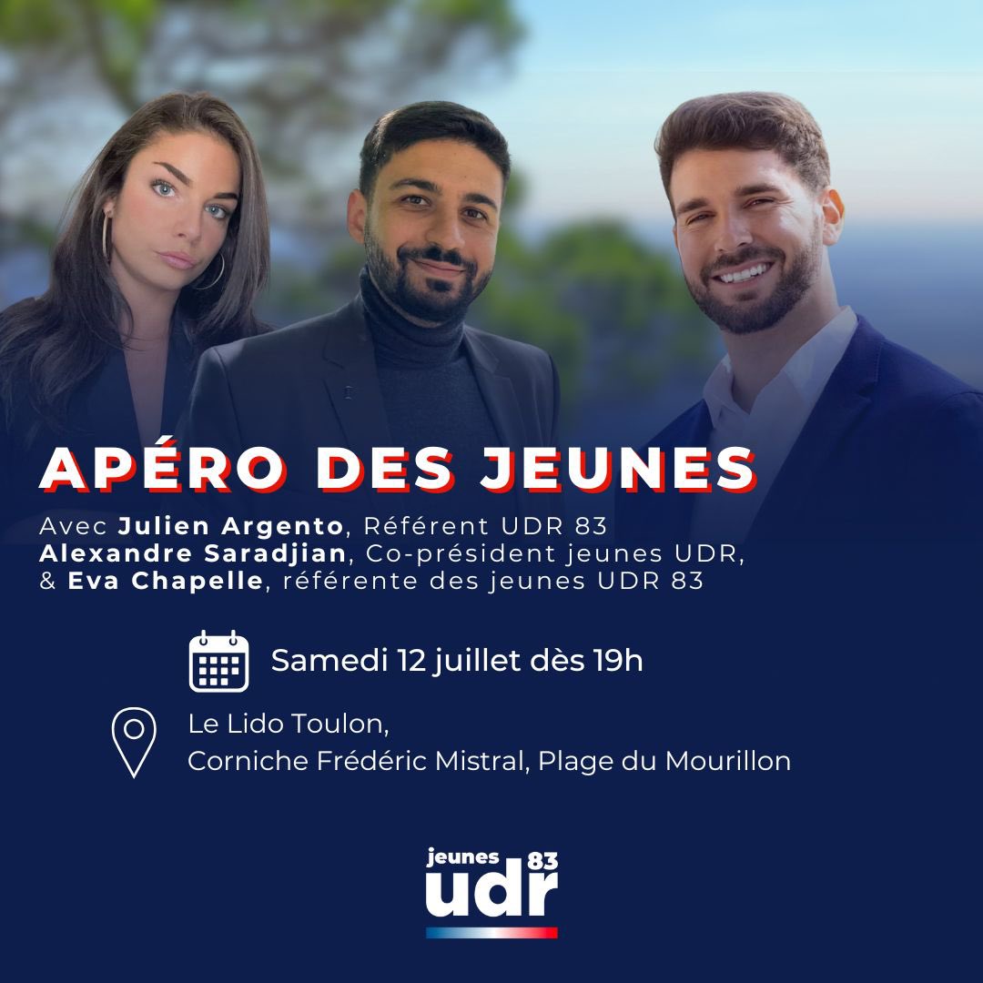 On se retrouve le 12 juillet à 19h à Toulon pour notre apéro d’été avec <a href="/Argento_Julien/">Argento Julien</a>, Eva Chapelle et les <a href="/jeunesudr/">Jeunes UDR</a> 83 ☀️

Venez partager un verre avec nous et échanger sur l’union des droites 🍻🇫🇷