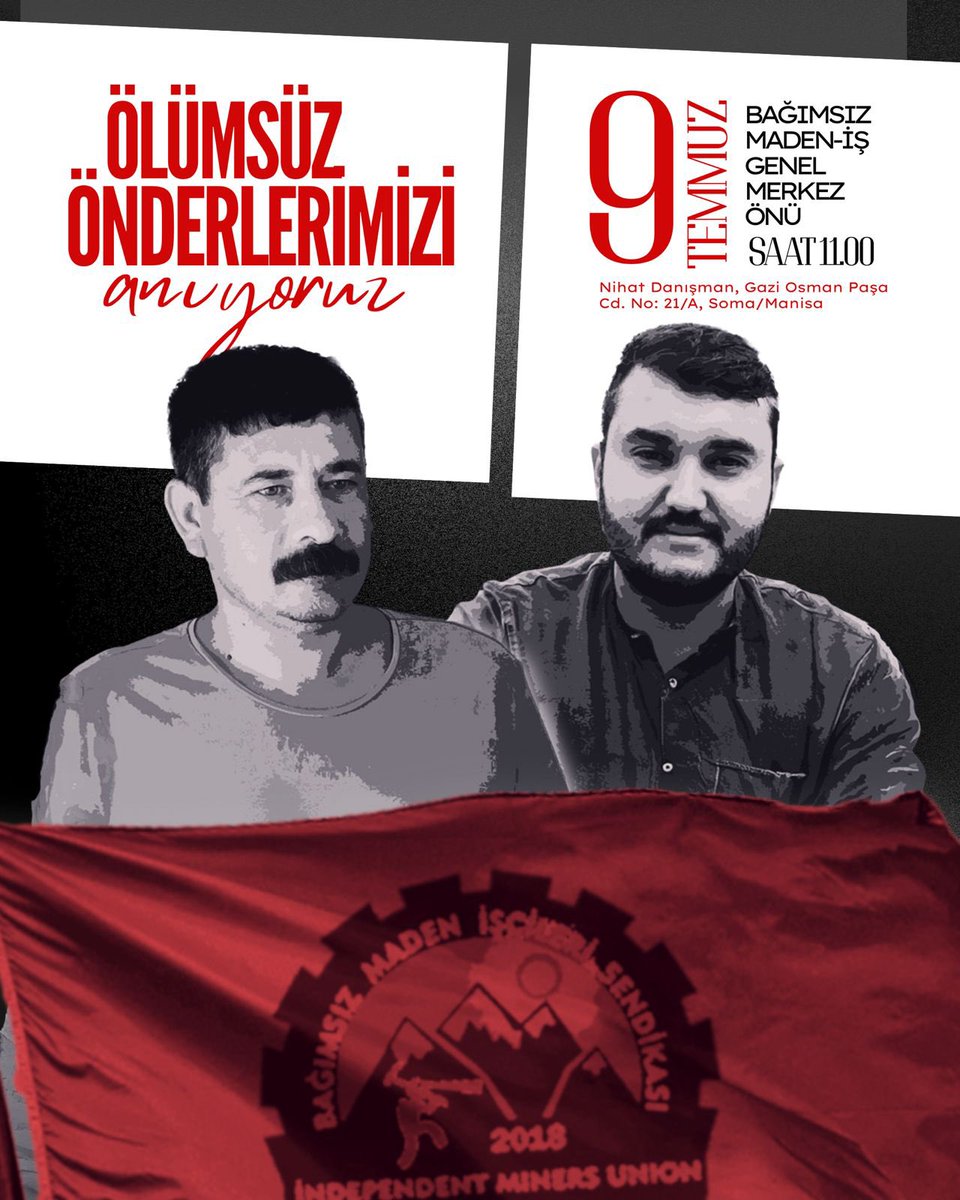 Madenciler önderlerini unutmaz!

4. yılında, ölümsüz önderlerimiz Tahir Çetin ve Ali Faik İnter’i anmak için bir kez daha buluşacağız. Dosta umut, düşmana korku olan onların izinden yürüyoruz. Tüm dostlarımızı birlikte yürümeye çağırıyoruz.

🗓️ 9 Temmuz, Çarşamba
⏰ 11:00
📍 Soma