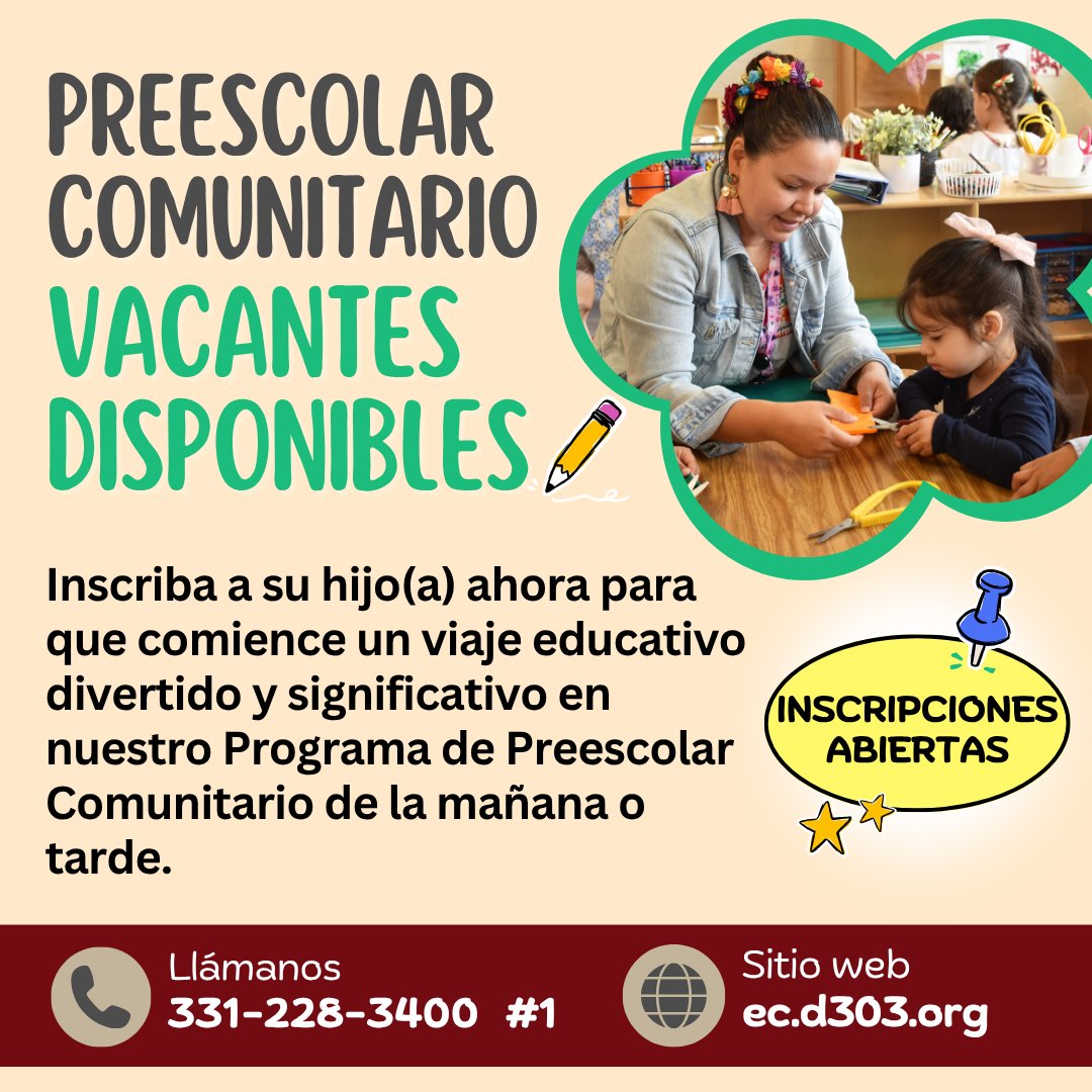 📢We currently have openings in both our morning and afternoon Community Preschool sessions. Give your child a strong start in a nurturing, educational environment.🧸✨ Enroll today!
🔗👉️ ec.d303.org
#CommunityPreschool #EarlyChildhoodEducation