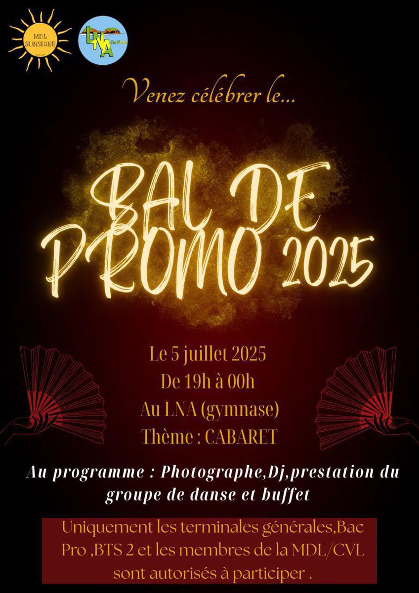 La MDL et le CVL du lycée organisent LE BAL DE PROMO 2025 samedi 05 juillet 2025dans le Gymnase du lycée.