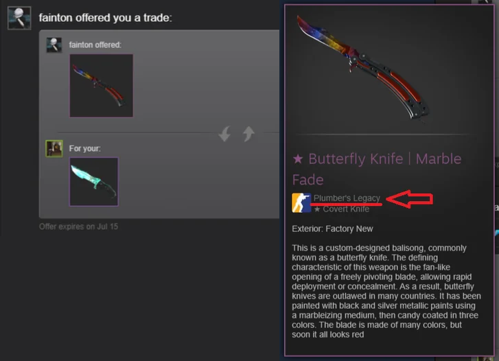 RemixFloats's tweet image. Scammers have managed to incorporate fake CS2 items into their game &quot;Plumber&apos;s Legacy&quot; and attempt to deceive people via trades 💀

Make sure to inspect the skins from trades and report the steam game linked below 🔽