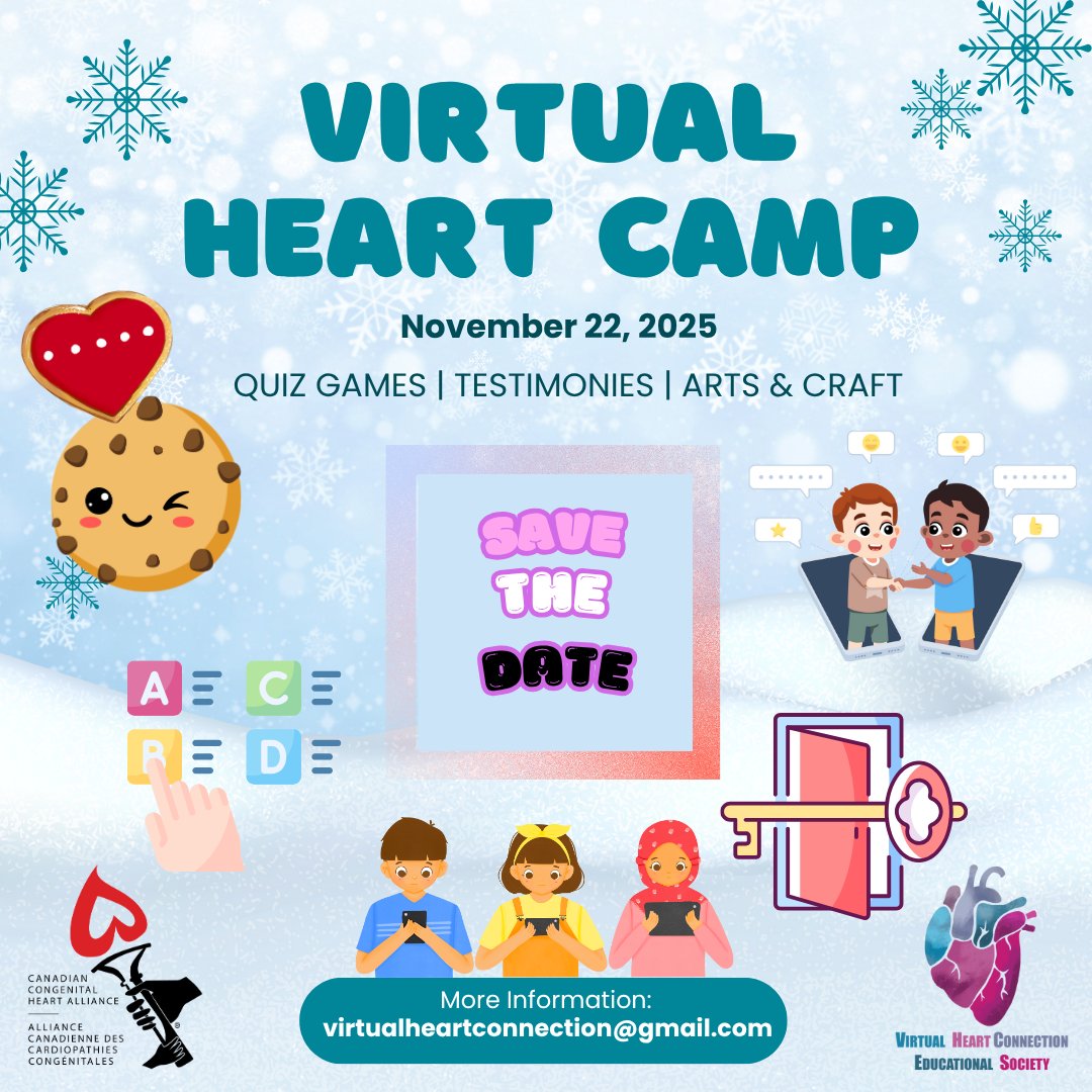 VirtualHeartCnx's tweet image. Virtual Heart camp will be November 22, 2025.  Save the date and watch this spot for registration details coming soon. Le camp virtuel du cœur aura lieu le 22 novembre 2025. Réservez la date et surveillez ce spot pour les détails d'inscription à venir. #CHD #1in100 #virtualcamp