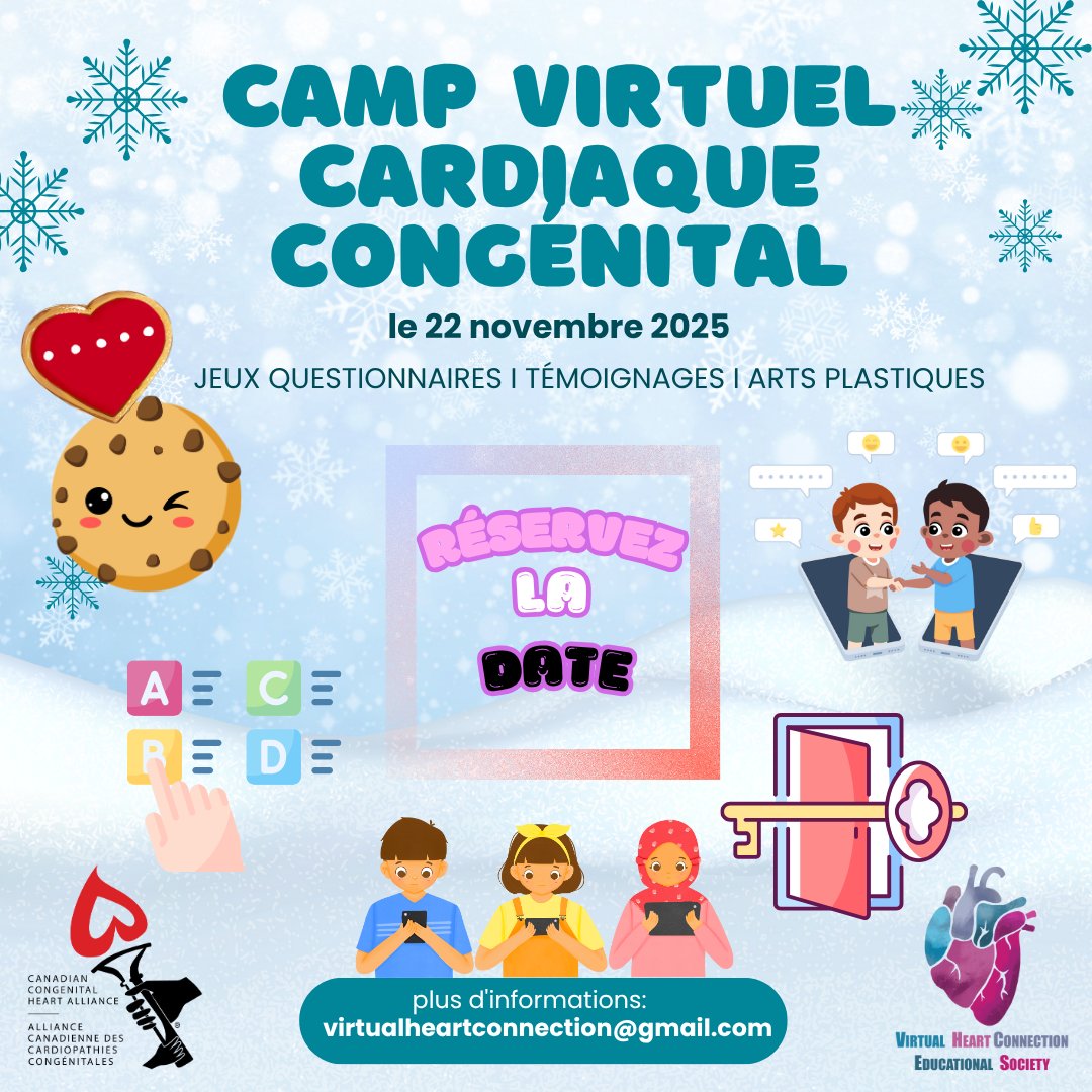 VirtualHeartCnx's tweet image. Virtual Heart camp will be November 22, 2025.  Save the date and watch this spot for registration details coming soon. Le camp virtuel du cœur aura lieu le 22 novembre 2025. Réservez la date et surveillez ce spot pour les détails d'inscription à venir. #CHD #1in100 #virtualcamp