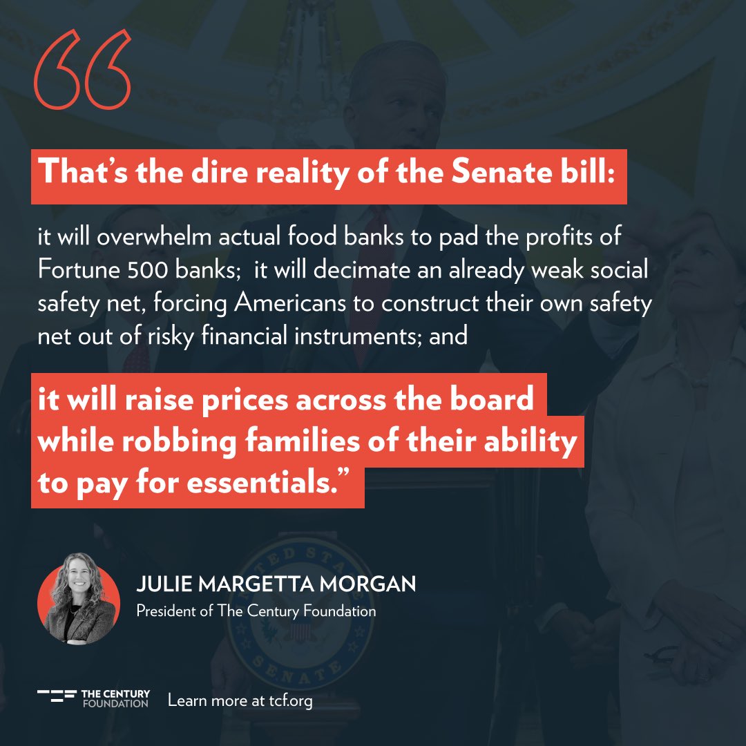 The Century Foundation (@tcfdotorg) on Twitter photo The GOP Megabill passed by the Senate today would be the largest transfer of wealth from the working class to the rich in American history.
TCF President <a href="/jmargetta/">Julie Margetta Morgan</a> on Senate Republicans’ attack on working families: “This bill overwhelms actual food banks to pad the profits of The GOP Megabill passed by the Senate today would be the largest transfer of wealth from the working class to the rich in American history.
TCF President <a href="/jmargetta/">Julie Margetta Morgan</a> on Senate Republicans’ attack on working families: “This bill overwhelms actual food banks to pad the profits of