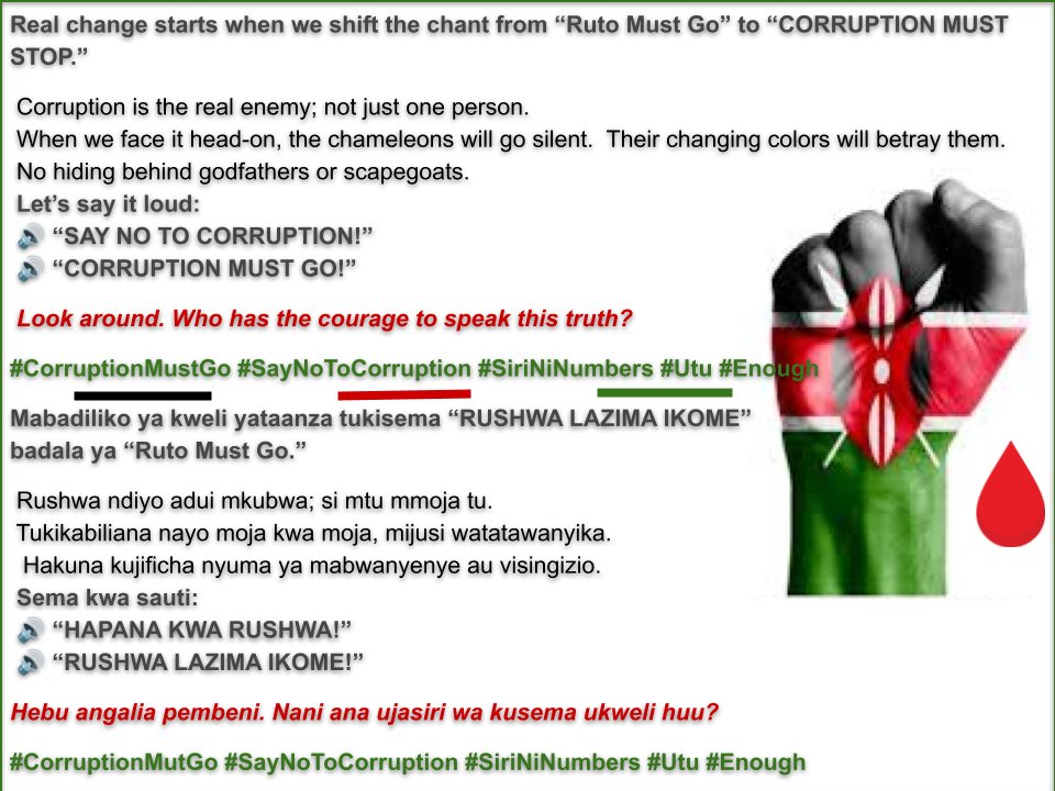 MaryGicharu1's tweet image. Say NO to Corruption.  Let&apos;s Address The Systemic rot - TOGETHER! #Accountability @WMutunga @bonifacemwangi @Honeyfarsafi @LarryMadowo @citizentvkenya #CorruptionMustGo #SayNoToCorruption #SiriNiNumbers #Utu #Enough #maandamano
