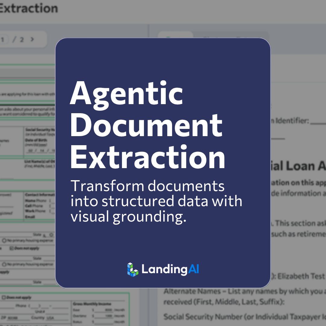 LandingAI's tweet image. Thousands of legacy docs? No problem.

Agentic Document Extraction turns them into structured, LLM-ready data—fast 🏃‍♂️💨
🧠 Context-aware
📍 Visually grounded

Start now → landing.ai/snowflake 

#AIForDocs #AgenticAI #VisualAI