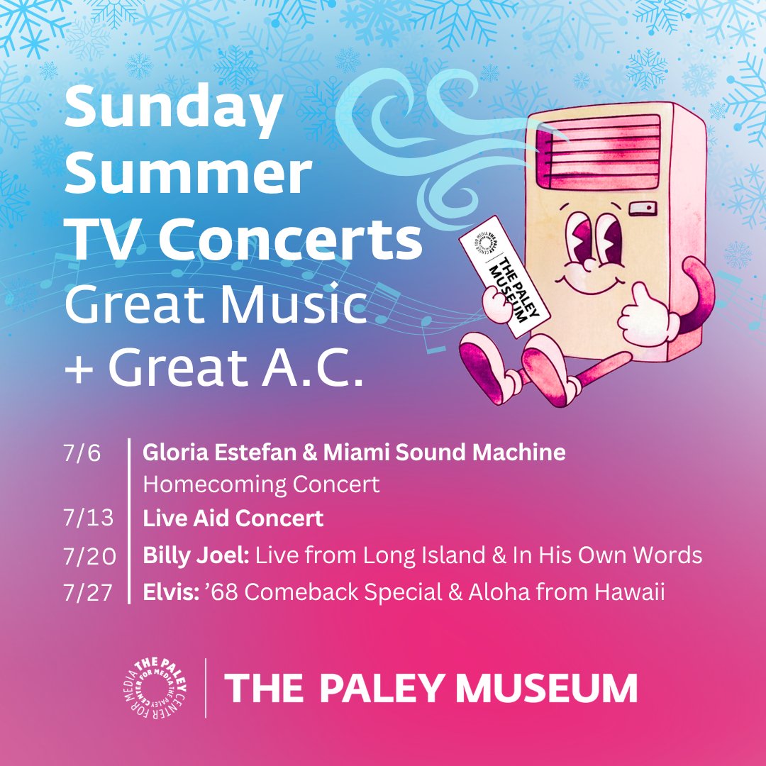 Cool off with the sounds of summer at The Paley Museum. Join us every Sunday in July for special screenings from the Paley Archive, featuring iconic concerts from Gloria Estefan, Billy Joel, Elvis Presley, and the 40th anniversary of Live Aid.

Tickets: bit.ly/4l6OSP8