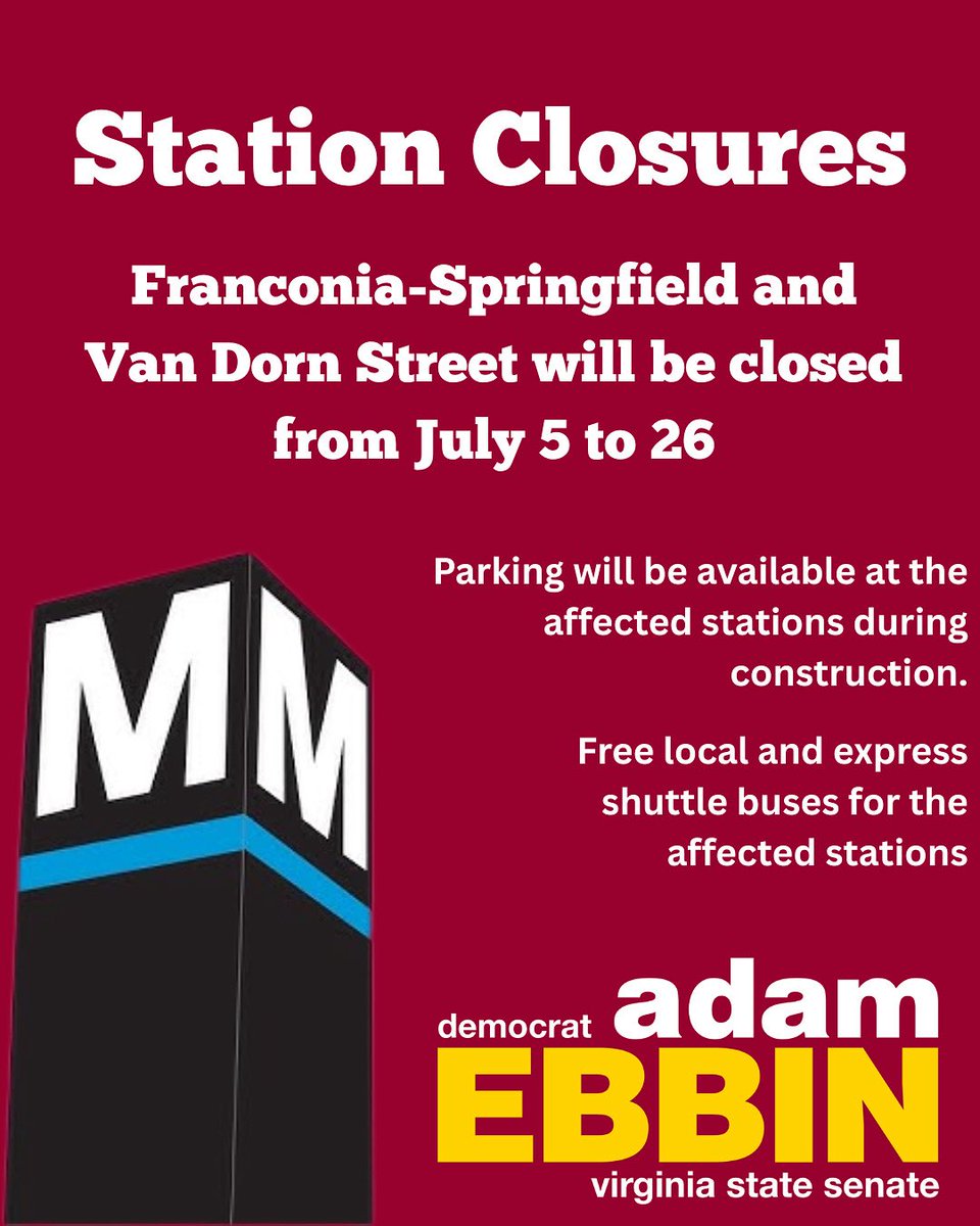 ‼️Blue Line Metro stations Franconia-Springfield and Van Dorn Street will be closed from July 5 to 26 for scheduled maintenance. WMATA will provide free local and express shuttle buses for affected stations. Learn more here wmata.com/initiatives/pl…