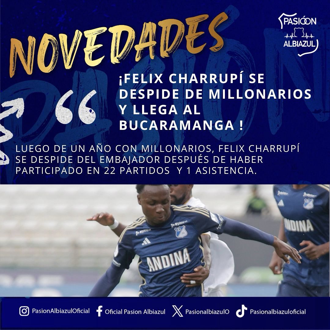 ¡Félix Charrupí es nuevo jugador del Bucaramanga!🚨
Luego de haber estado un año con Millonarios, Charrupí se despide luego de 22 partidos jugados y una asistencia. Le deseamos lo mejor en su carrera. ⚽️