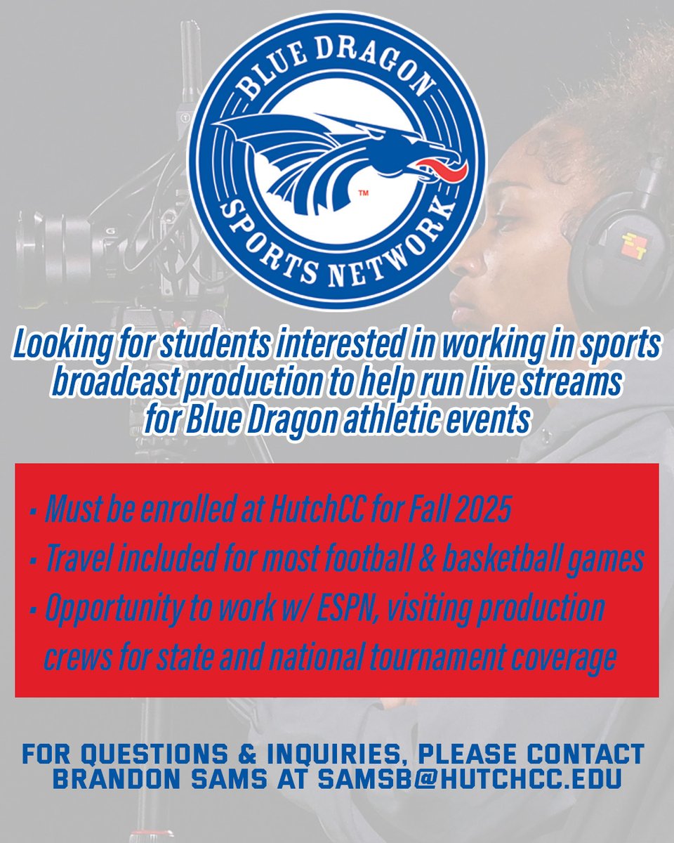 bluedragonsport's tweet image. Attention incoming and returning Blue Dragon students‼️
Join the Blue Dragon Sports Network this school year! Help cover Blue Dragon athletic events and even work national events, including working with ESPN.
Contact Brandon Sams for inquiries. #BreatheFire