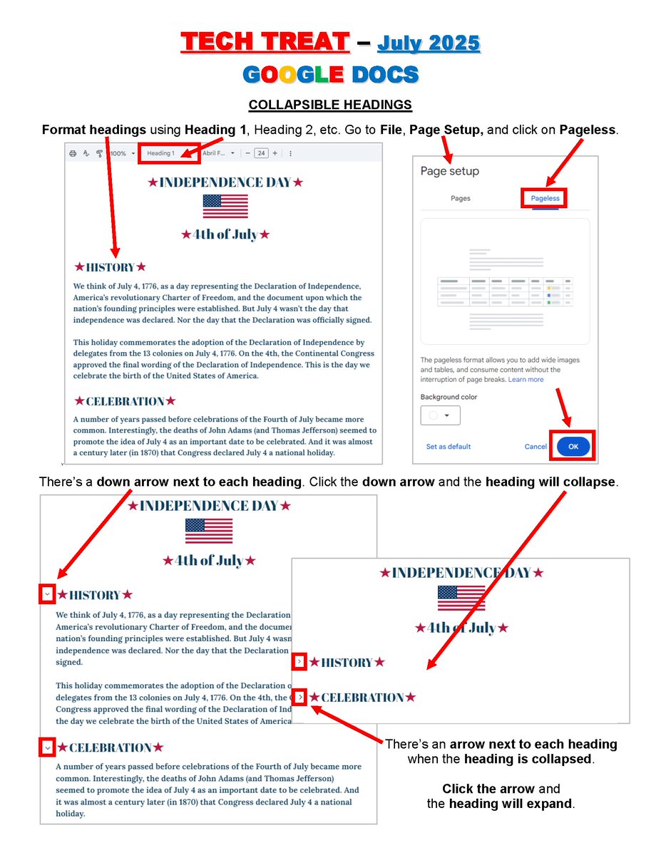 beauteseeAISD's tweet image. #TechTreatTip of the Month - JULY 2025 - There are COLLAPSIBLE HEADINGS in #GoogleDocs now! Let&apos;s CELEBRATE!💥 #TechTreats