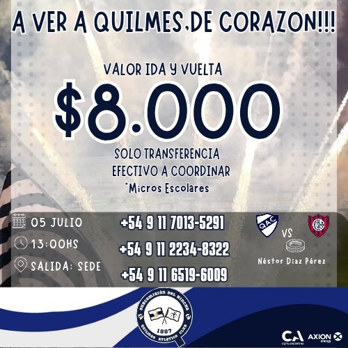 La Subcomisión del hincha te lleva a Lanús,partido vs. San Lorenzo.

•Valor pasaje Ida y Vuelta: $8.000.
•Aboná mediante tranferencia Bancaria.
•Micros escolares.
•A partir de 5 años de edad,pagan pasaje.
•Salimos desde la sede a las 13hs.
•No vendemos Entradas.