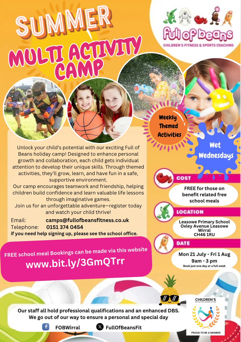 Full of Beans Childrens Fitness & Sports Coaching (@fullofbeansfit) on Twitter photo FREE Summer Holiday Camp @ Leasowe Primary, Wirral
If your child is in receipt of benefit-related Free School Meals, they can join us for active, fun-filled days at no cost 🙌
Spaces are limited, so book early!
📲 To book ; bit.ly/3GmQTrr
<a href="/EdsentialUK/">Edsential</a> <a href="/WirralCouncil/">Wirral Council</a> FREE Summer Holiday Camp @ Leasowe Primary, Wirral
If your child is in receipt of benefit-related Free School Meals, they can join us for active, fun-filled days at no cost 🙌
Spaces are limited, so book early!
📲 To book ; bit.ly/3GmQTrr
<a href="/EdsentialUK/">Edsential</a> <a href="/WirralCouncil/">Wirral Council</a>
