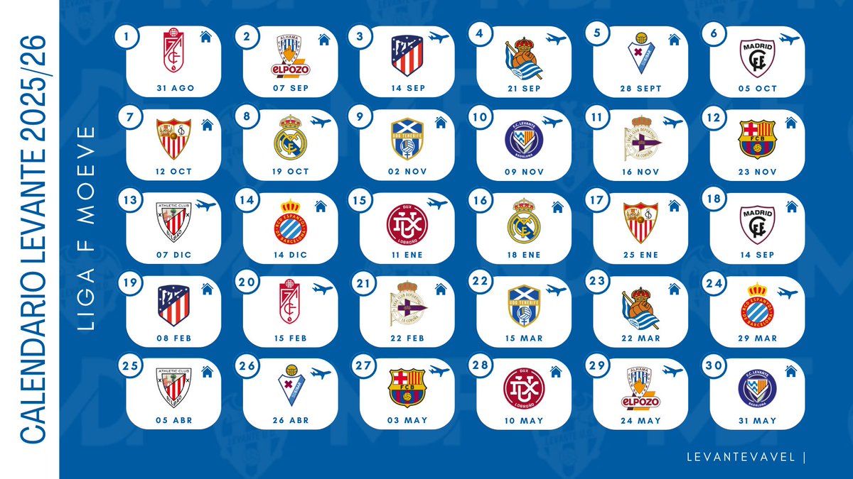 ✅ 𝐂𝐀𝐋𝐄𝐍𝐃𝐀𝐑𝐈𝐎 
Ya tenemos el calendario de la temporada 2025/26 de la #LigaF. El Levante UD comenzará y terminará el curso en Buñol.

31/08 - vs <a href="/GranadaCF_Fem/">Granada CF Femenino</a>
31/05 - vs <a href="/levantebadalona/">FC Levante Badalona</a>

#OrgullGranota #LevanteUD