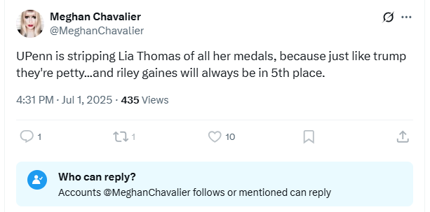 In a shock that will come to no one, "Meghan Chavalier" is just a disgusting mentally-ill man. 

Happy to see some semblance of sanity returning to colleges. Fuck Will Thomas and all the other freaks like him.