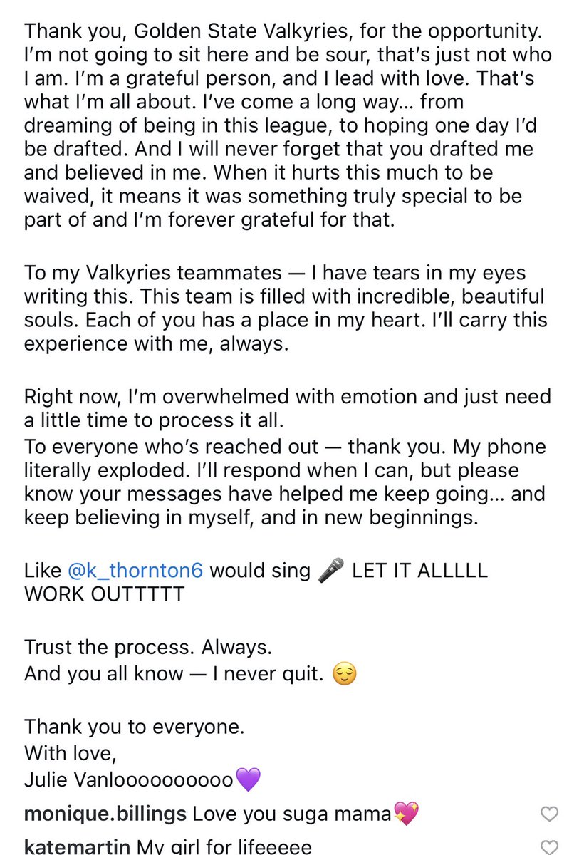 Julie Vanloo has posted her official message to her Instagram after being waived by the Valkyries.
