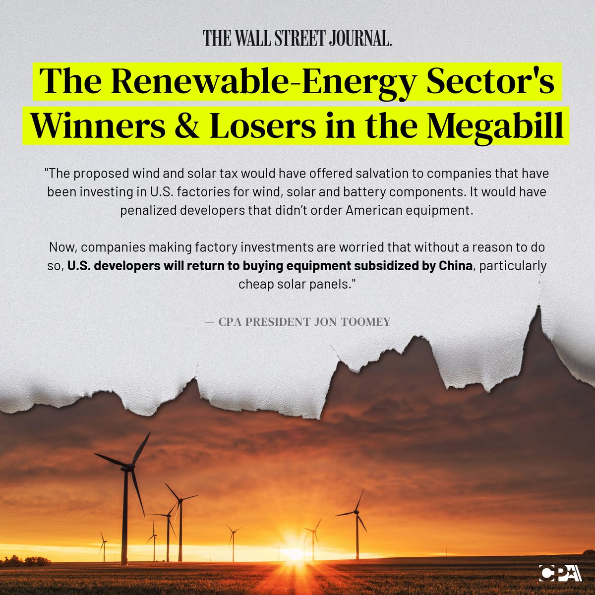 cpa_tradereform's tweet image. CPA President @j_toomey1 tells @WSJ the Senate's removal of the FEOC Excise Tax from its reconciliation bill amounts to “a blatant giveaway to the CCP’s solar industry” that puts Chinese slave labor, coal-powered factories, & CCP-subsidized equipment over American workers, U.S.…