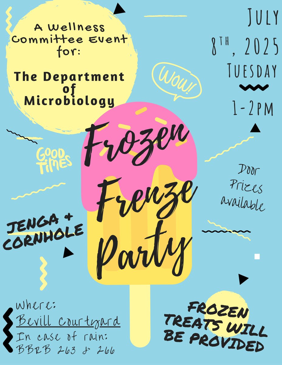 Come cool off with the <a href="/UABHeersink/">UAB Heersink School of Medicine</a> Department of Microbiology! The Department of Microbiology Wellness Committee will have frozen treats, games, door prizes, and more in Bevill Courtyard on Tuesday, July 8 from 1 to 2 p.m. See you there! 🍦
