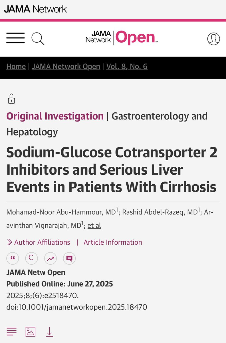 🚨 Fresh off the press 
Thrilled to share our new publication in JAMA Network Open 📢

In a real-world cohort of patients with cirrhosis, SGLT2 inhibitor use was associated with:

📉 ↓ Serious liver events
HR: 0.68 (95% CI, 0.66–0.71), p &lt; .001

📉 ↓ All-cause hospitalizations