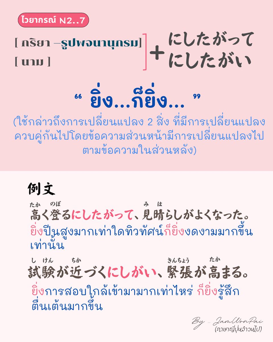 2/7/2025

🪭 ไวยากรณ์ N2 

7 .. にしたがって

ยิ่งฺฺ...ก็ยิ่ง...

(ใช้กล่าวถึงการเปลี่ยนแปลง 2 สิ่ง ที่มีการเปลี่ยนแปลงควบคู่กันไปโดยข้อความก่อนหน้านี้มีการเปลี่ยนแปลงไปตามข้อความในส่วนหลัง)

🌟  ยิ่งจำ ก็ยิ่งจำจำจำ 😇

.
.
#ไวยากรณ์N2 #JLPTN2 #N2 
#ภาษาญี่ปุ่นจำวนไป #ภาษาญี่ปุ่น