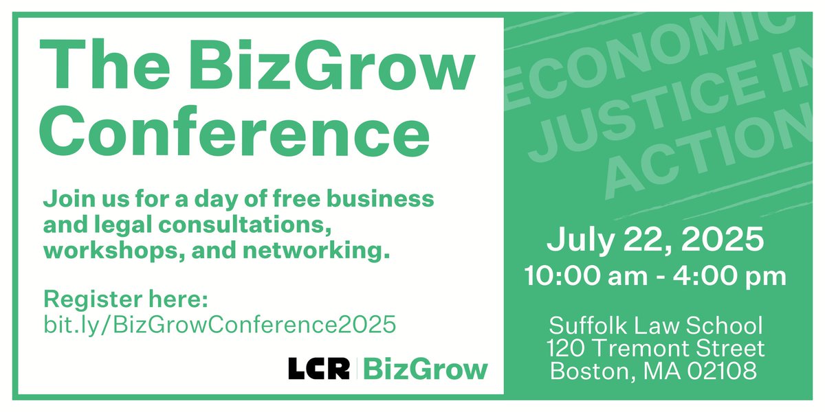 Office of Economic Opportunity & Inclusion (@bostonoeoi) on Twitter photo Join <a href="/LCRBOSTON/">Lawyers for Civil Rights</a> for the BizGrow Conference at Suffolk University Law School on Tuesday, July 22 from 10 am to 4 pm!
This conference will feature free small business legal consultations, workshops, and networking.
Learn more and register at: eventbrite.com/e/the-bizgrow-… Join <a href="/LCRBOSTON/">Lawyers for Civil Rights</a> for the BizGrow Conference at Suffolk University Law School on Tuesday, July 22 from 10 am to 4 pm!
This conference will feature free small business legal consultations, workshops, and networking.
Learn more and register at: eventbrite.com/e/the-bizgrow-…