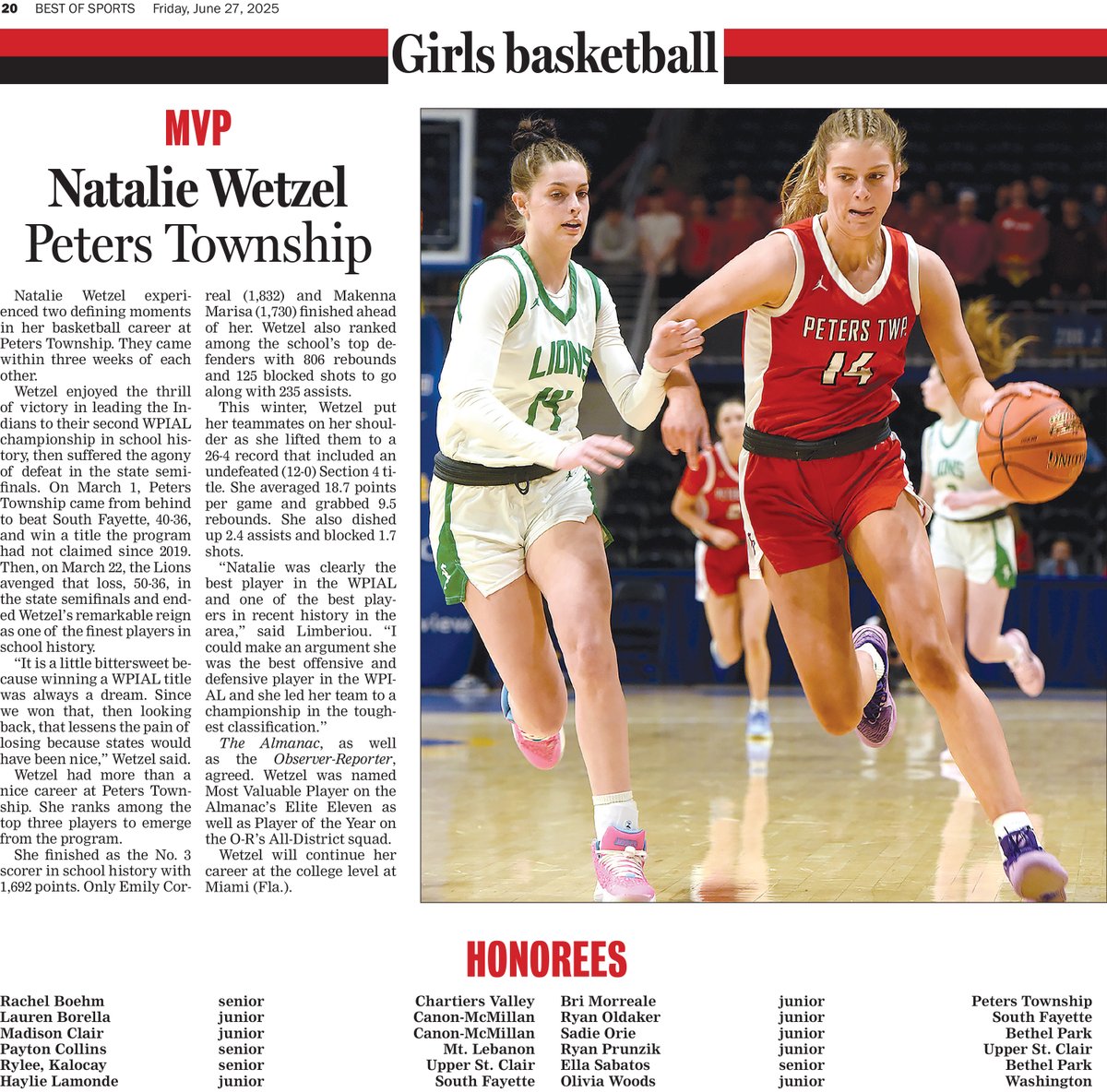 Congratulations Natalie Wetzel! Peters Township graduate named MVP for girls basketball in Almanac &amp; Observer-Reporter Best of Sports edition for 2025.
