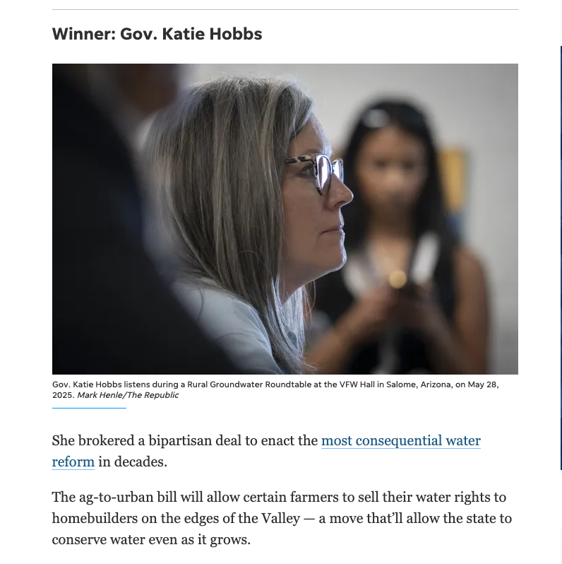Gov. Hobbs delivered huge bipartisan wins for AZ: 

"She brokered a bipartisan deal to enact the most consequential water reform in decades." 

"raises to first responders &amp; subsidies to working parents who cannot afford decent child care" 

"boosts funding for public education"