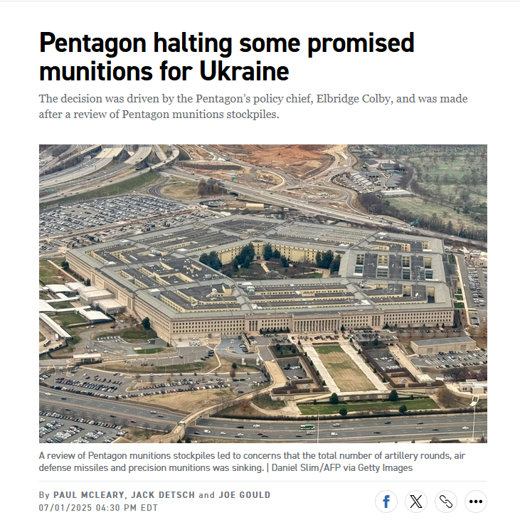 Instead of sanctions against Russia? Halting aid to Ukraine.

The U.S. has halted shipments of certain air defense missiles and precision-guided munitions to Ukraine, Politico reports.

The decision was made in early June but is only taking effect now. The reason: so-called