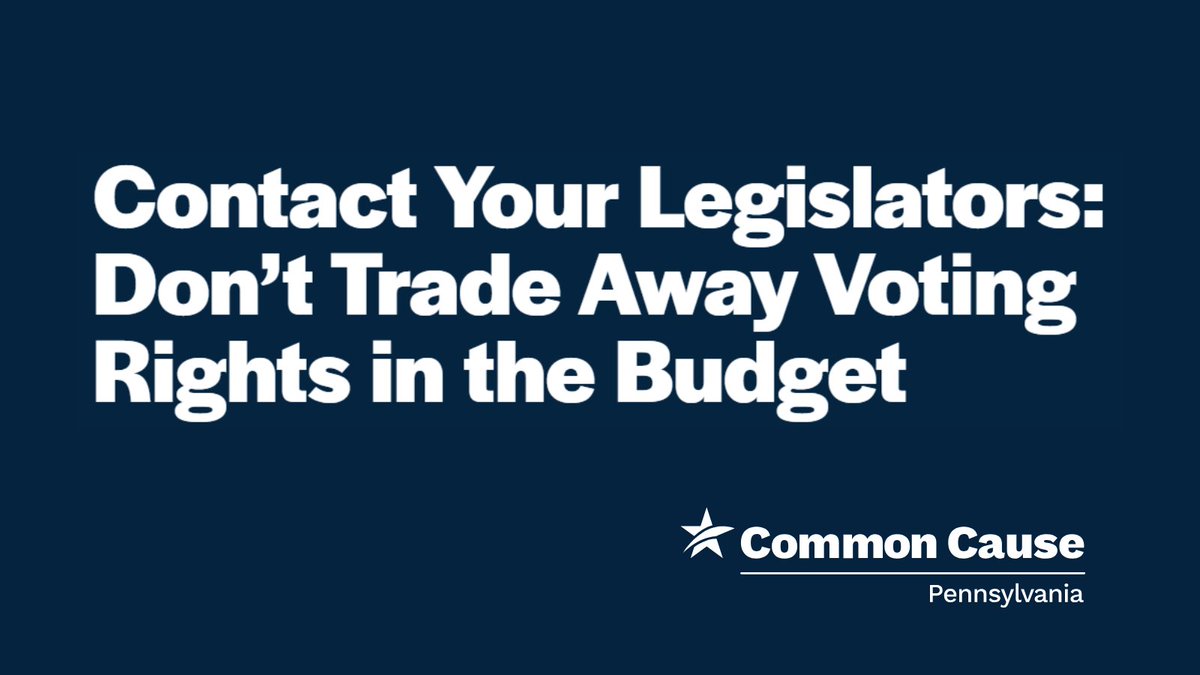 commoncausepa's tweet image. The #PABudget might be overdue but until the negotiating is done, we need politicians in Harrisburg to say NO to any deal that trades away voting rights. Take action and contact your legislators here: commoncause.org/pennsylvania/a…