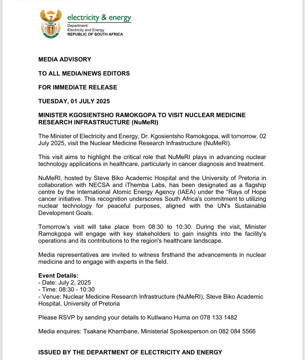 DOEE_ZA's tweet image. MINISTER KGOSIENTSHO RAMOKGOPA TO VISIT NUCLEAR MEDICINE
RESEARCH INFRASTRUCTURE (NuMeRI)