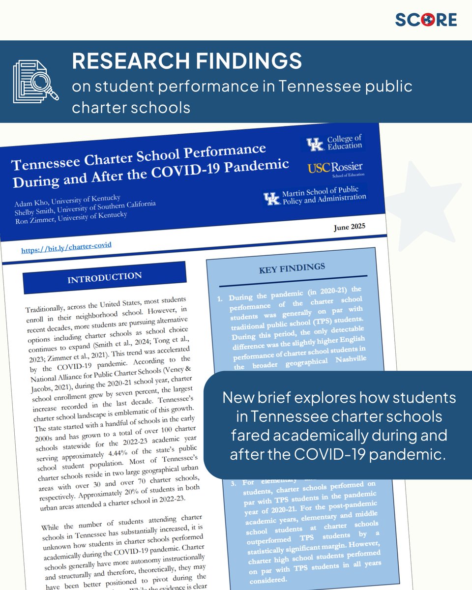 SCORE_TN's tweet image. Students in TN public charter schools show strong post-pandemic performance compared to their peers in traditional public schools, a new research brief finds. Researchers at the @universityofky and @USC looked at data from the 2021-22 and 2022-23 academic years and found that TN…