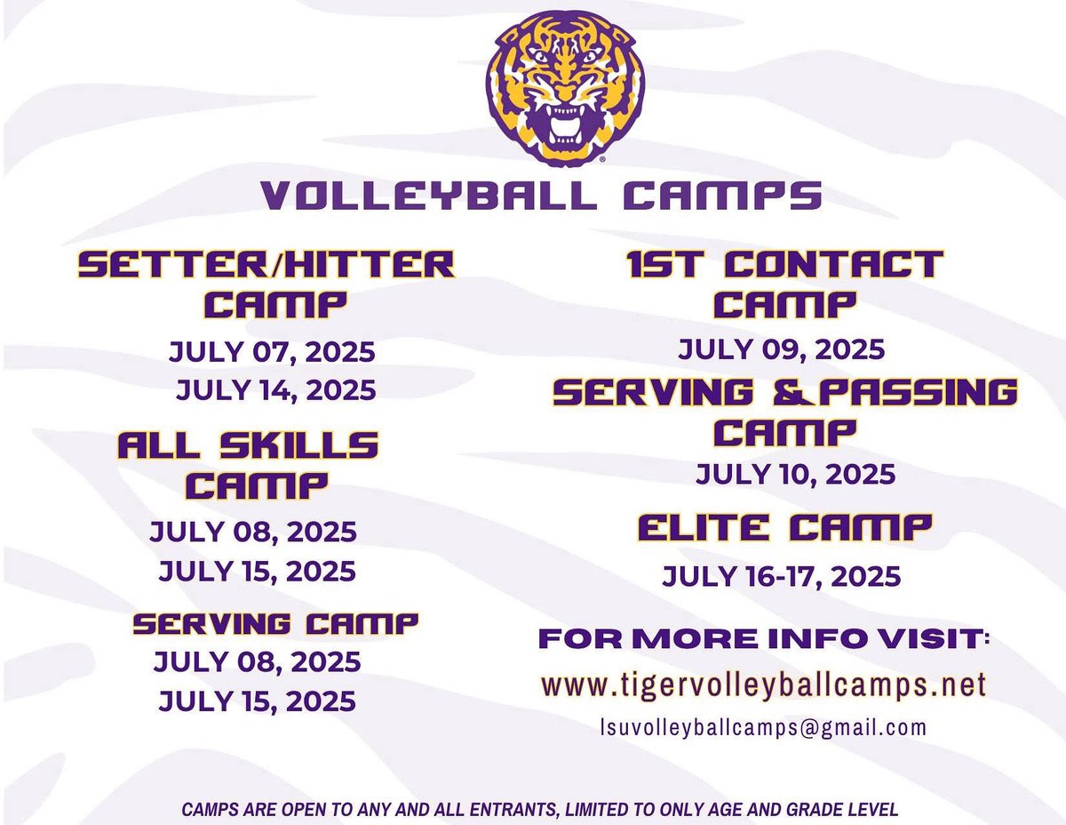 LSU Volleyball (@lsuvolleyball) on Twitter photo July Camps 🏐start NEXT WEEK🎉!!
Limited space available - Sign up now!
💻shorturl.at/FKGjI
🌐 tigervolleyballcamps.net
📧 lsuvolleyballcamps@gmail.com July Camps 🏐start NEXT WEEK🎉!!
Limited space available - Sign up now!
💻shorturl.at/FKGjI
🌐 tigervolleyballcamps.net
📧 lsuvolleyballcamps@gmail.com