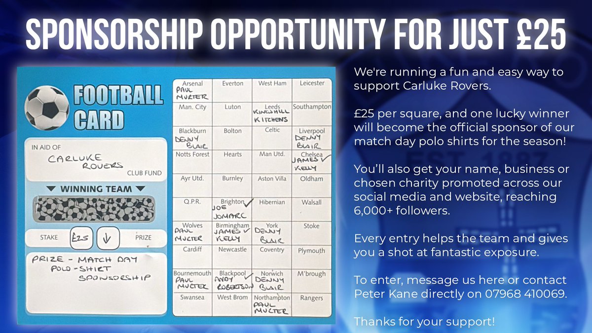 Carluke Rovers FC (@carlukeroversfc) on Twitter photo A fantastic opportunity to support Carluke Rovers and give exposure to your business, yourself or even your favourite charity. A fantastic opportunity to support Carluke Rovers and give exposure to your business, yourself or even your favourite charity.