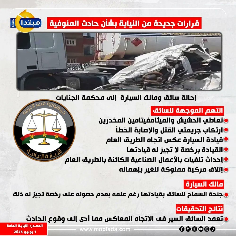 قرارات جديدة من النيابة بشأن #حادث_المنوفية 