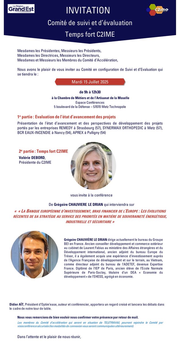 HGC2IME's tweet image. 🔴A vos agendas
👉Invitation @DebordValerie @regiongrandest
@AccelC2IME #RECIES @InterregGR @EIB @NicolasSchmitEU # Gregoire Chauviere Le Drian
