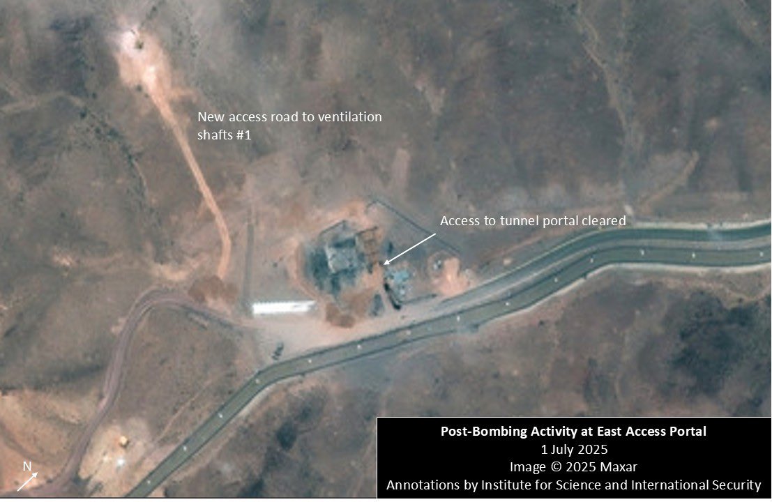 DAVIDHALBRIGHT1's tweet image. Satellite imagery taken by @Maxar today show ongoing work at the MOP impact points of the Fordow Enrichment Plant and progress in clearing access to the eastern tunnel entrance portal.
As of July 1, Iran has sufficiently cleared the surroundings of the eastern tunnel portal to…